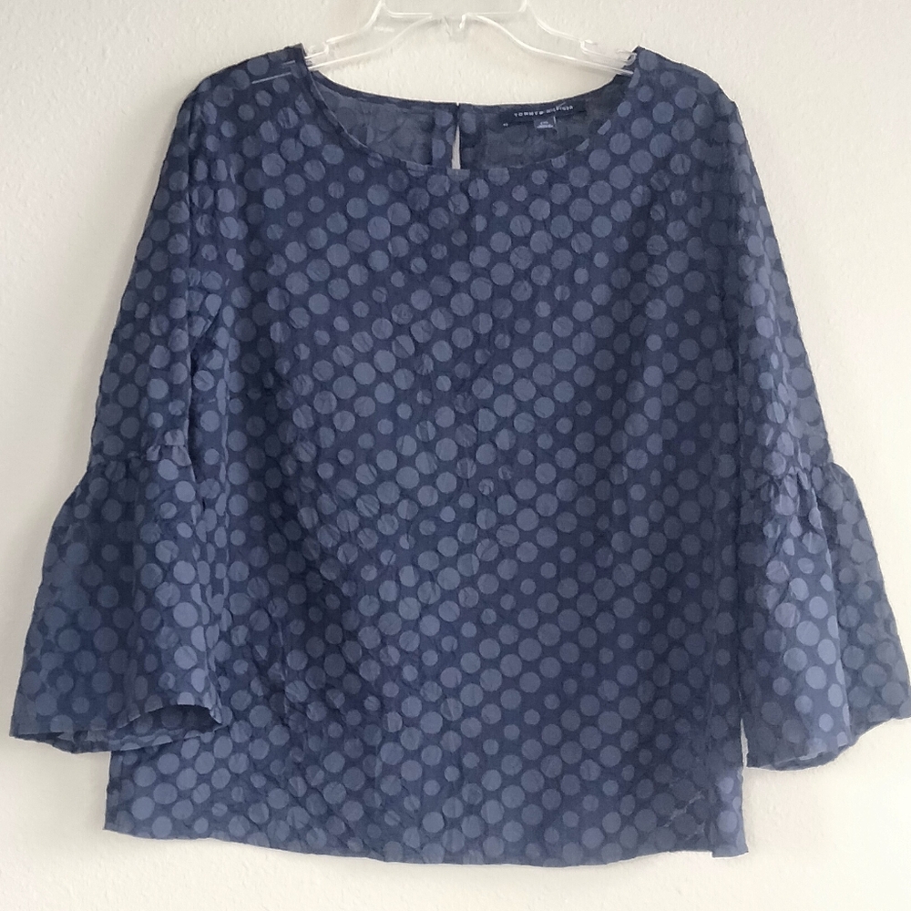 Tommy Hilfiger Size Large Women's Navy Blue Sheer Polka Dot Top With Bell Sleeve